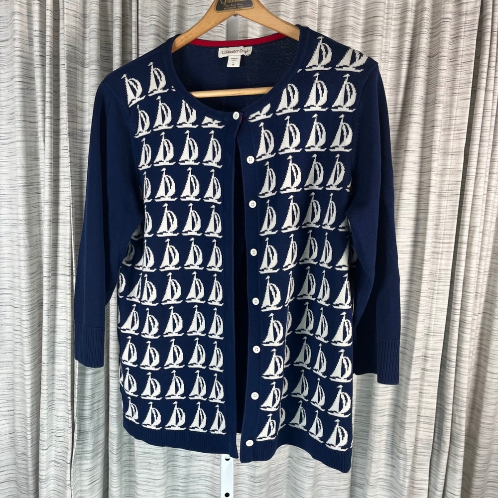 Coldwater‎ Creek Navy Blue Sailboat Cardigan Sweater Cotton Nautical Womens L 14
